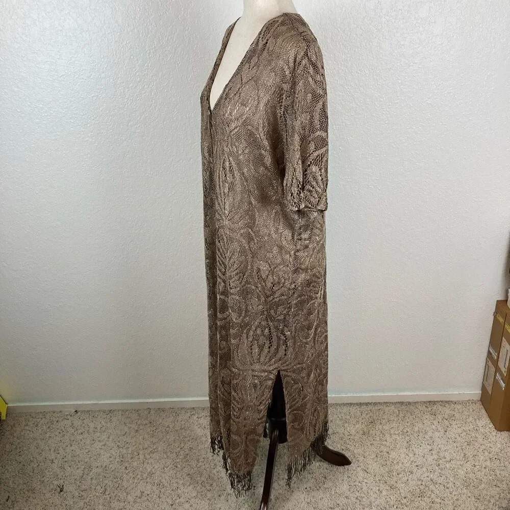 Vintage gold lace crochet short sleeve BoHo art deco fringe maxi long kimono 20*